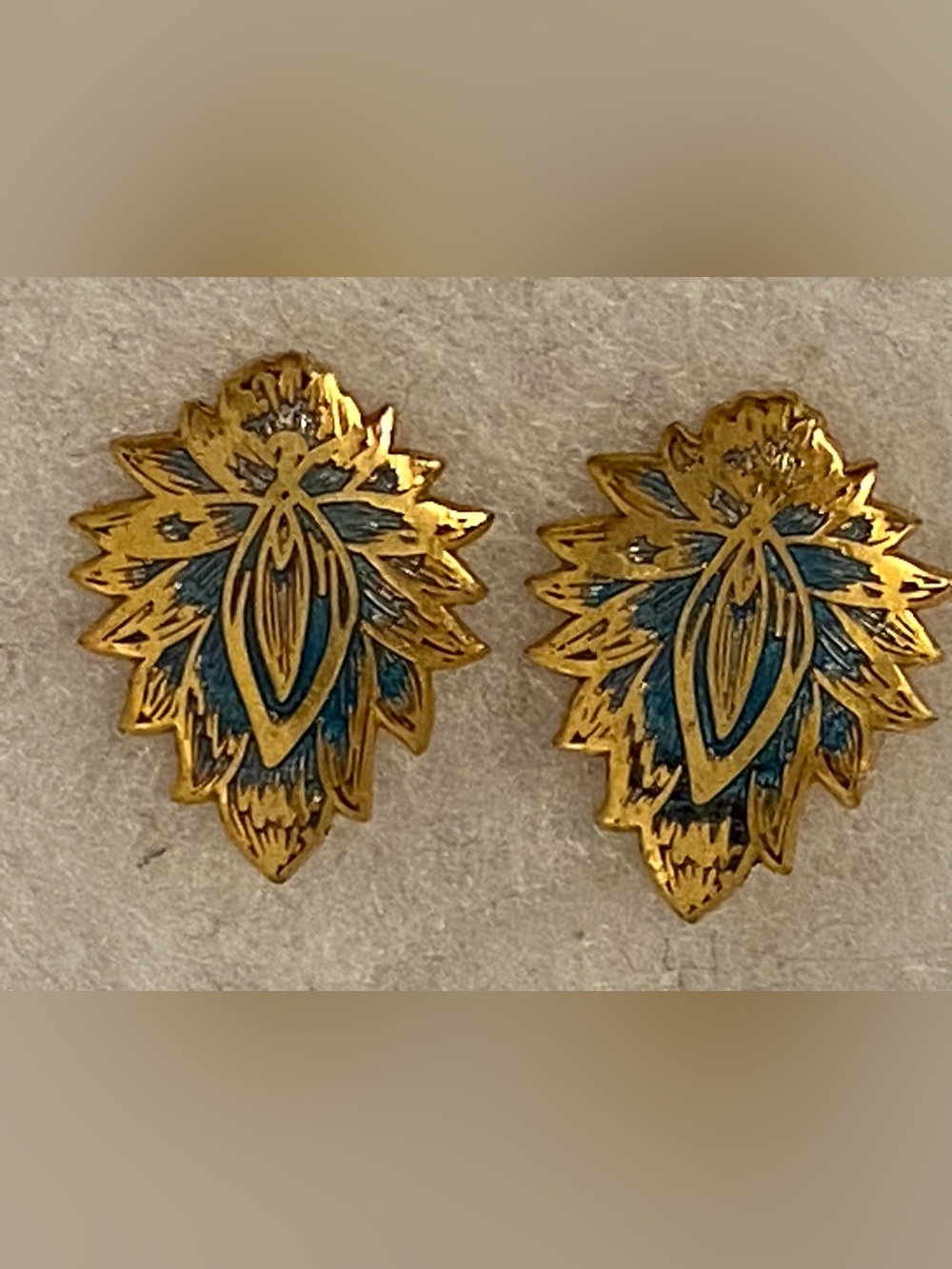 Vintage MMA Earrings Cloisonne Gold and Blue Enamel Lotus Flower pierced 1985